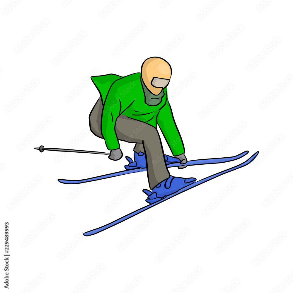 Skier jumping vector illustration sketch doodle hand drawn with black lines isolated on white background
