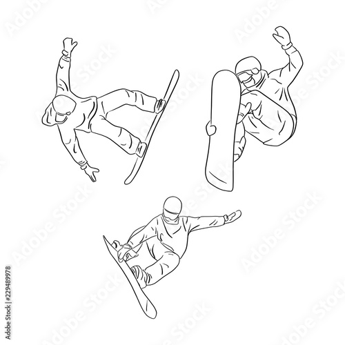 set of freeride snowboarder rolls on a snow vector illustration sketch doodle hand drawn with black lines isolated on white background. Winter sport.