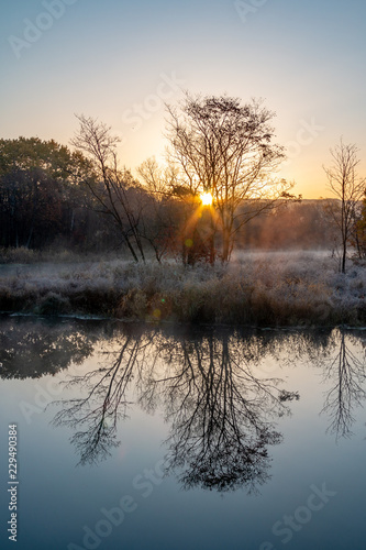 Autumn landscape of early foggy morning in the far east of Russia.