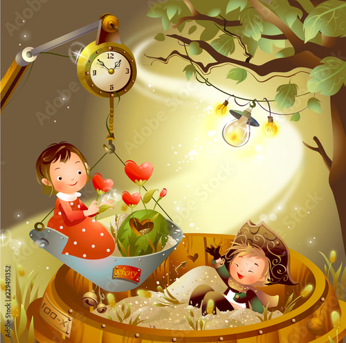 Girl sitting in a wings wheel with a boy sleeping in a bag