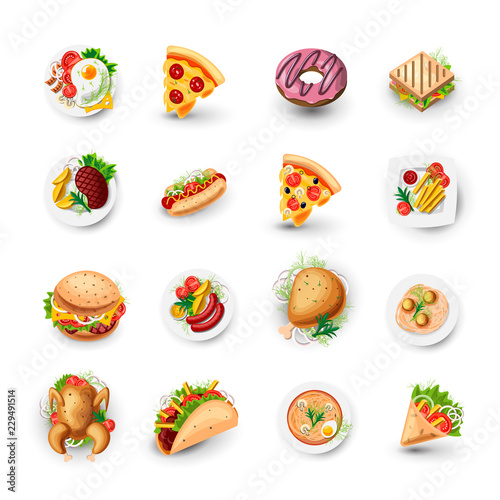 Set of Fast Food Icons. Junk Food Vector Illustration - Pizza, Donut, Burger, Taco, Chicken and other Fast Food Objects. Cartoon Style Objects of Junk Food, Colorful Appetizing Set for Street Lunch.