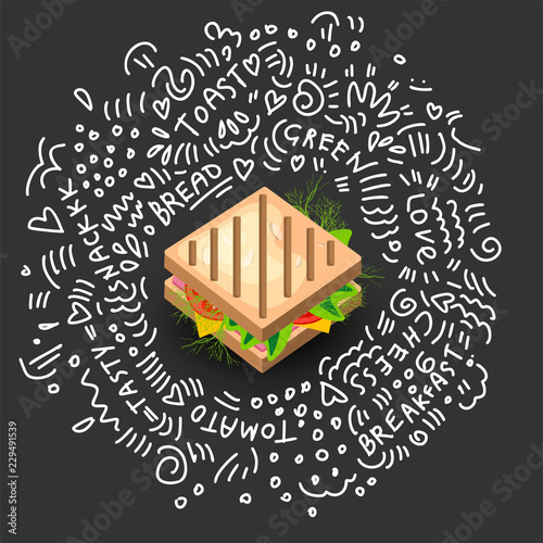 Grilled Sandwich Icon in Cartoon Style. Vector Isolated Illustration of Nutritious Sandwich. Icon of Hot Toasted Bread with Bacon, Salad, Tomatoes, Cheese and Dill with doodle decor sandwich elements