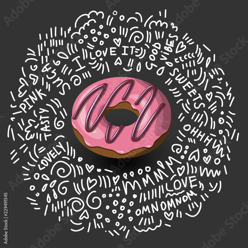 Donut Icon in Cartoon Style. Colorful Delicious Donut with Pink and Chocolate Glaze. Icon Vector donut on black background. Concept donut Dessert. Isolated Icon Doughnut with doodle decor elements