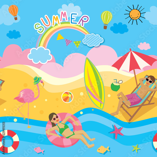 Illustration vector seamless pattern of summer background design with beach activities.