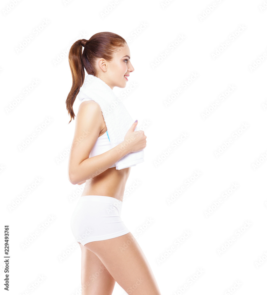 Young and sporty woman isolated on white background