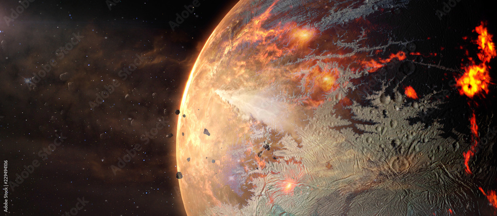 Fototapeta premium Krajobraz w fantastycznej kosmicznej gorącej egzoplanecie w kosmosie. Elementy tego zdjęcia dostarczone przez NASA.
