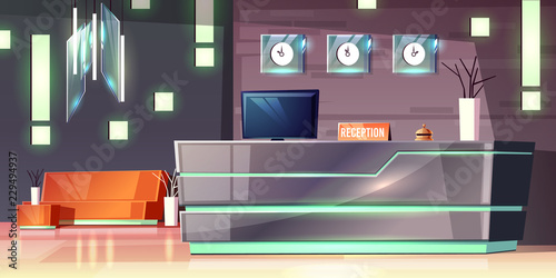 Vector cartoon background of hotel reception, foyer. Modern desk, illumination of empty hall. Lobby with sofa, clocks and chandelier. Tourism, business trip concept. The contemporary interior of inn.