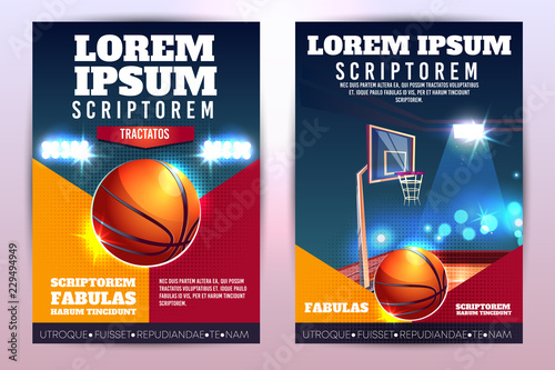 Basketball tournament promo vertical vector poster or brochure with basketball ball and hoop on court lighted by stadium spotlight cartoon illustration. Weekend evening game on sport arena ad flyer
