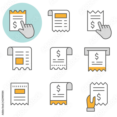 Receipt flat line icon set. Vector illustration. Editable stroke.