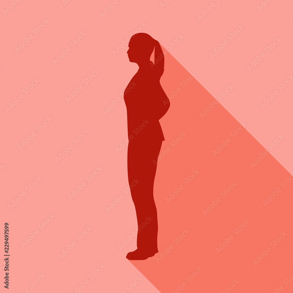 Posing business woman wearing the suit. Web icon with long shadows for application