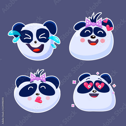 Vector set of cute funny emoji characters. Little  Chinese Pangas. Stickers. Flat style.