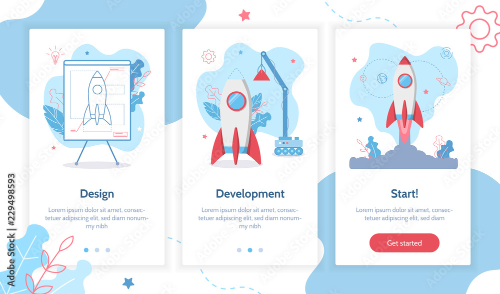 Project development. Building rocket from design to launch. Onboarding template for smartphone and tablet screens. Website concept. Flat vector illustration.