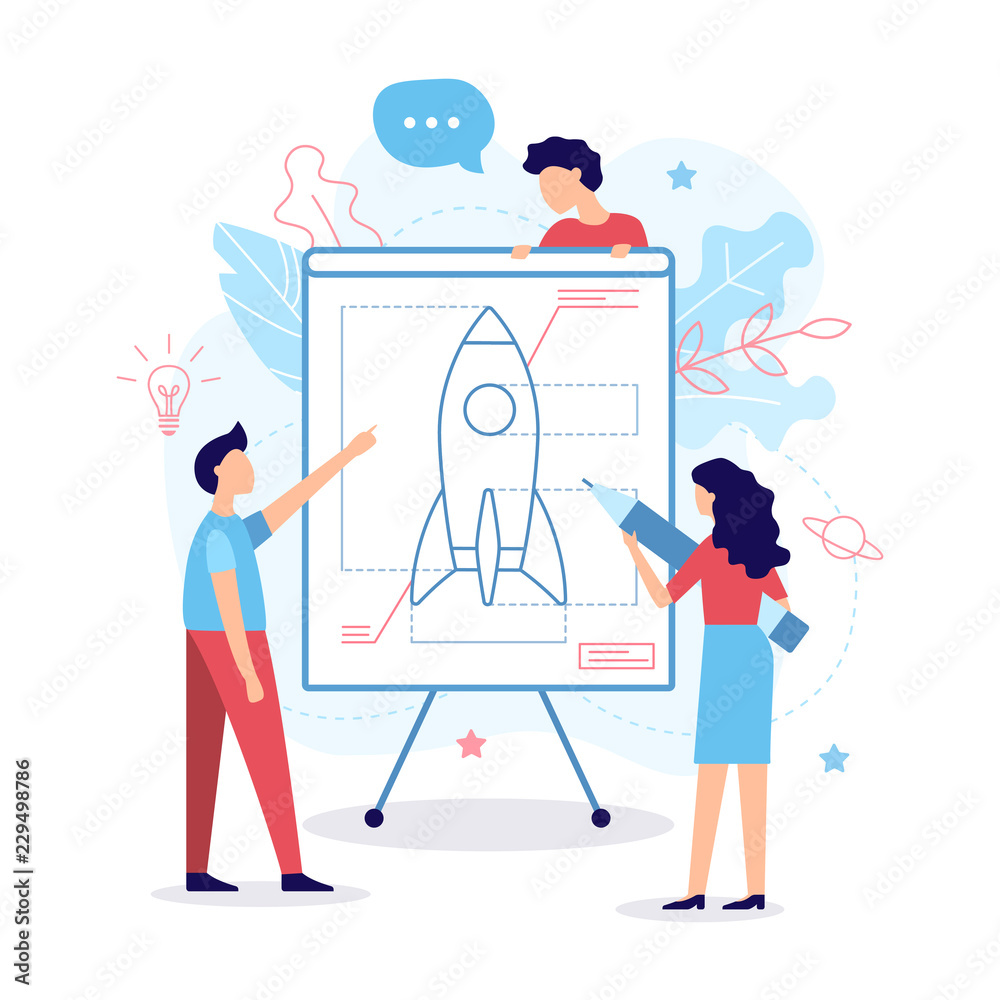 The development team creates a drawing of the rocket. Business concept. Teamwork. Web development. Flat vector illustration.