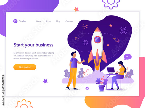 Launch of a new business project. Web banner design template. Startup concept. Teamwork and development. Flat vector illustration. 
