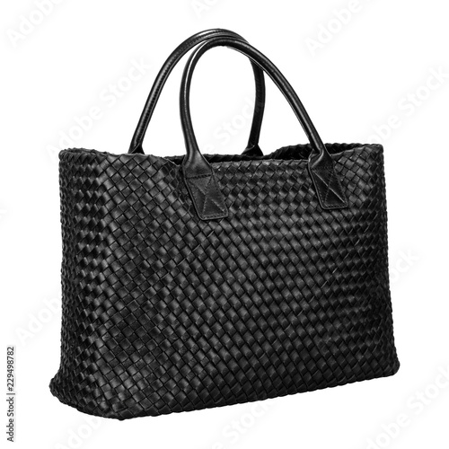 Black women's bag with leather ribbons interlaced in the form of rhombuses