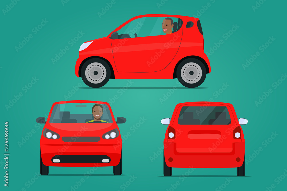 Red сompact city car set. Car with afro american man side view and front view. Vector flat style illustration