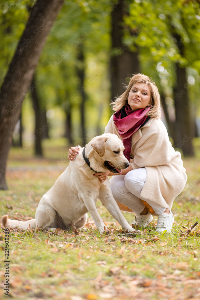 Beautiful young woman walks with her retriever in the park in autumn. Beautiful young woman walks with her retriever in the park in autumn.
