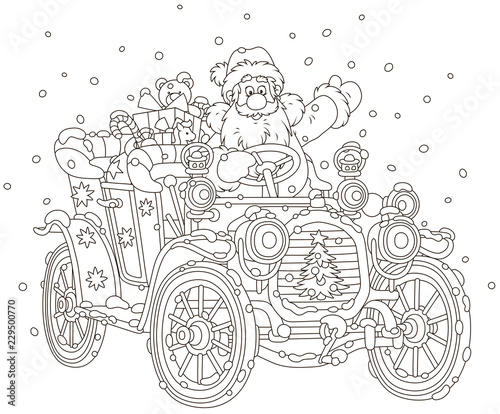 Santa Claus driving his car with Christmas gifts, black and white vector illustration in a cartoon style for a coloring book