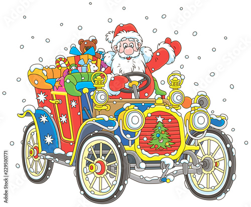 Santa Claus driving his car with Christmas gifts  vector illustration in a cartoon style