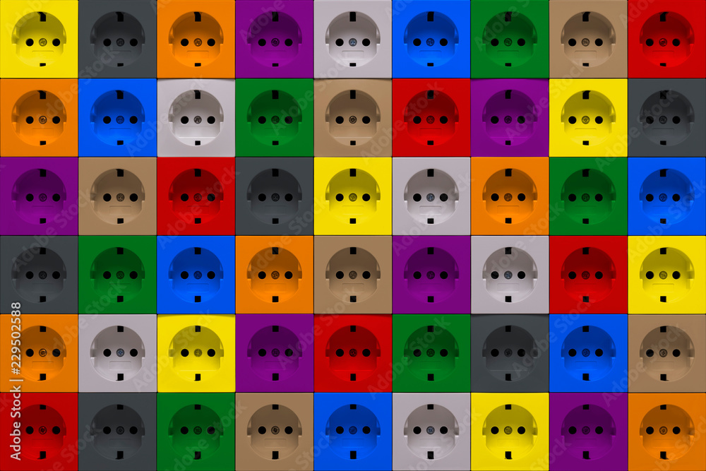 Multicolored power sockets background texture Multicolored power sockets background texture