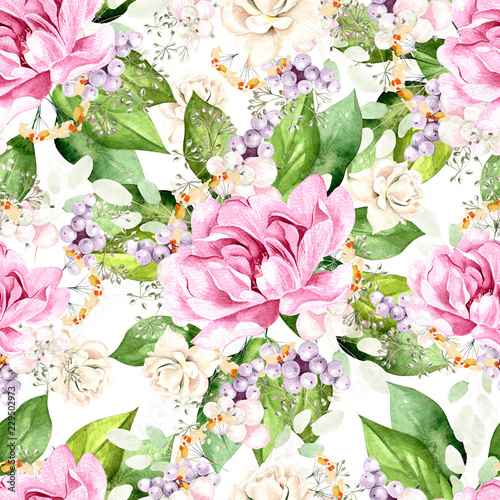Colorful watercolor pattern with flowers peony, plants and leaves.