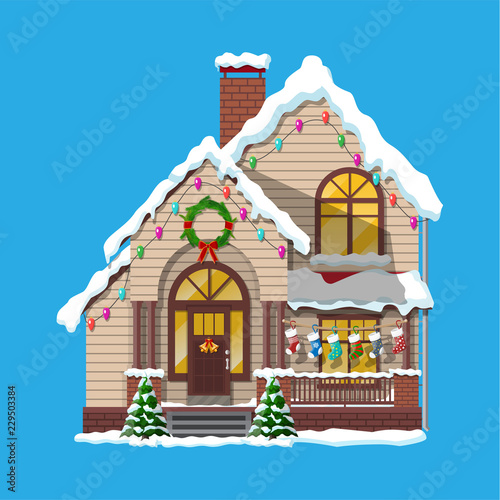 Suburban house covered snow.