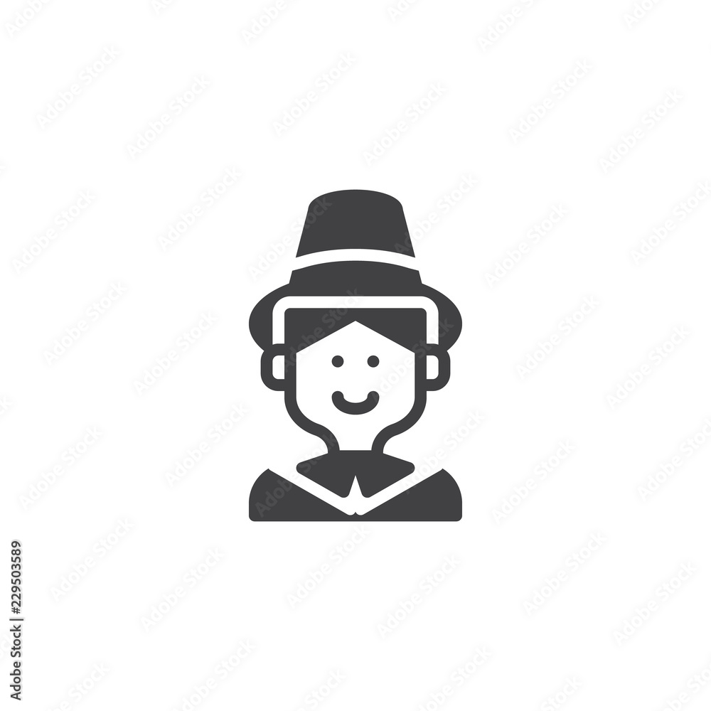 Pilgrim man with hat vector icon. filled flat sign for mobile concept and web design. Thanksgiving holiday simple solid icon. Symbol, logo illustration. Pixel perfect vector graphics