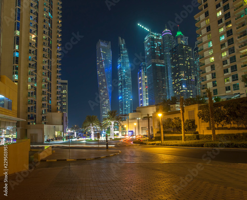 Dubai Marina city skyline at night. United Arab Emirates