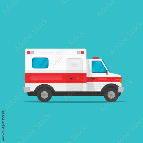 Ambulance emergency automobile car icon vector illustration, flat cartoon medical vehicle paramedic van auto side view isolated graphic design clipart