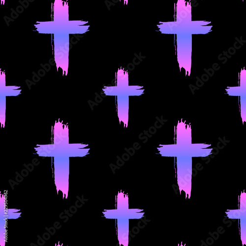 Seamless pattern with crosses on black background. Halloween wallpaper. Cute kawaii pastel goth style.