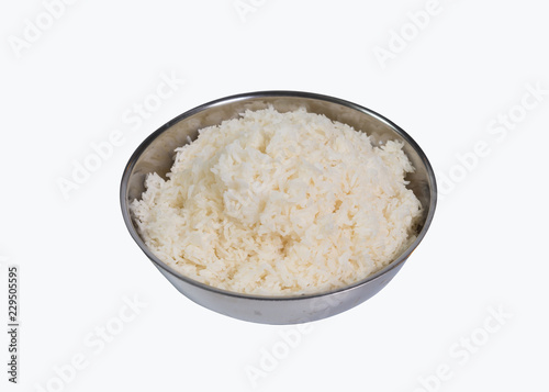 White stream thai jusmine rice in big stainless bowl in restaurent white background clipping path photo