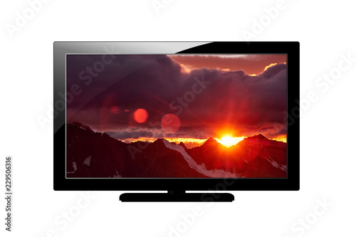 Modern blank flat screen plazma TV set. Isolated on white background. screen with Image of mountains.