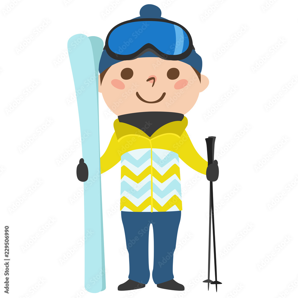 男の子のイラスト スキー板とストックを持って ウィンタースポーツのスキーをしようとしている Stock ベクター Adobe Stock