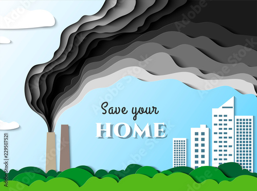 Smoke from the factory goes towards the city. Air pollution poisons. Save your home. Vector. Paper cut illustration.