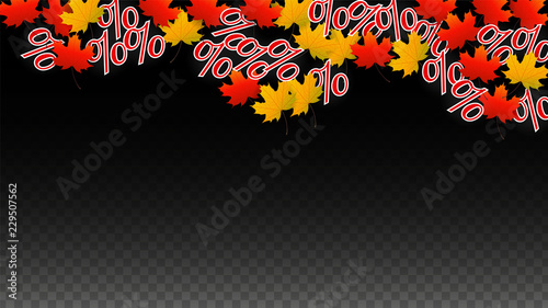 Vector Percentage Sign and Autumn Leaves Confetti on Transparent Background. Percent Sale Background. Business, Economics, Finance Print. Discount Illustration. Promotion poster. Black Friday Banner. 