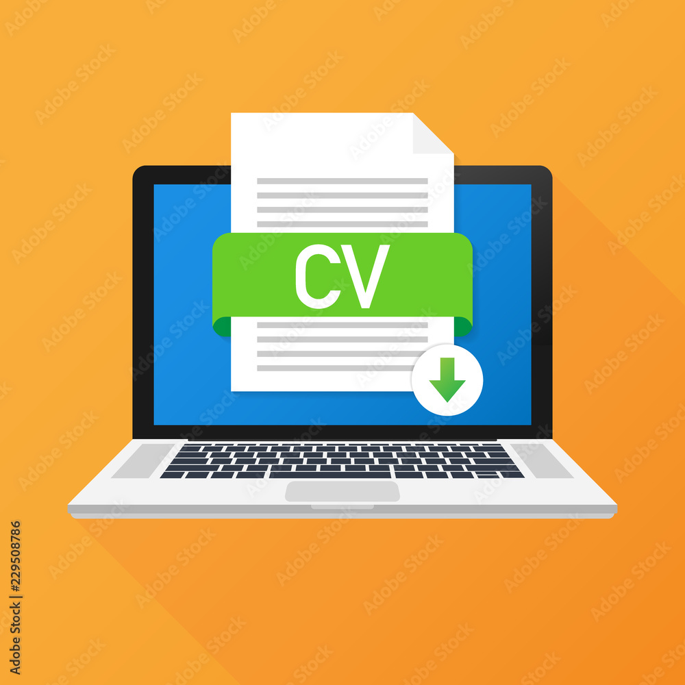 Download CV button on laptop screen. Downloading document concept. File with CV label and down arrow sign. Download CV button on laptop screen. Downloading document concept. File with CV label and down arrow sign.