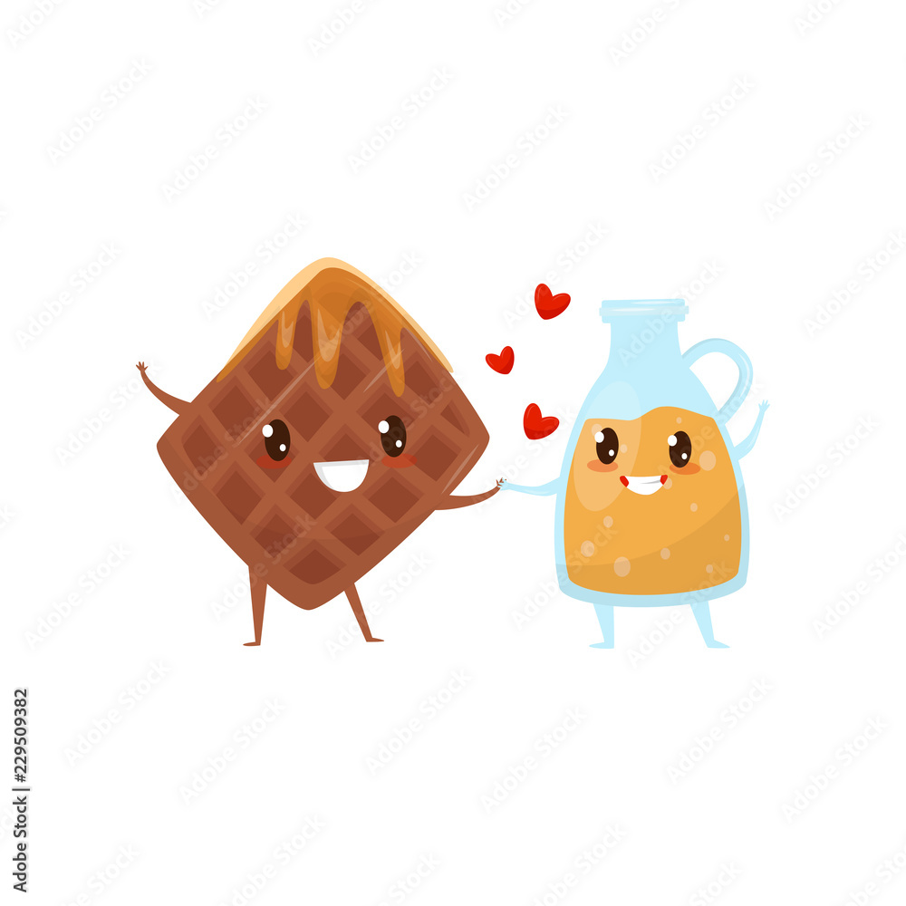 Belgian Waffles And Caramel Sauce Are Friends Forever Cute Funny Food Cartoon Characters Vector Illustration On A White Background Stock Vector Adobe Stock
