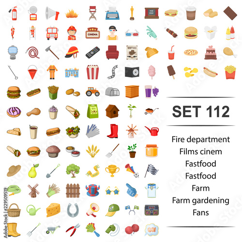 Vector illustration of fire, department, film, cinema, fast food farm gardening fan icon set.