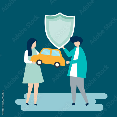 Characters of a couple holding a car and shield illustration