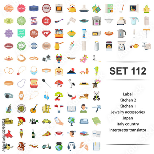 Vector illustration of label, kitchen, jewelry, accessories, japan italy country interpreter translator icon set.