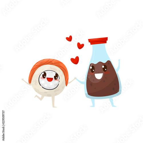 Sushi roll and soy sauce bottle are friends forever, cute funny food cartoon characters vector Illustration on a white background