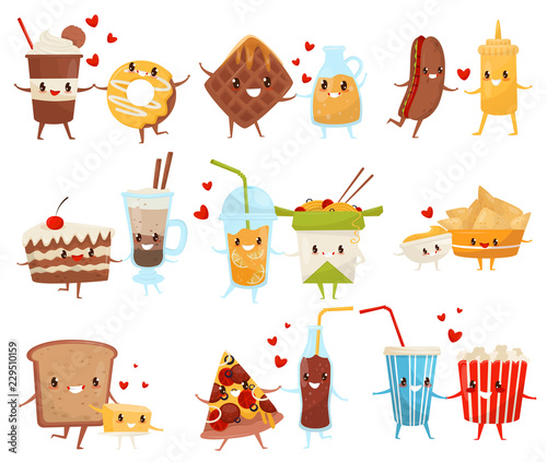 Forever friends set, cute funny food and drinks cartoon characters, fast food menu vector Illustration on a white background