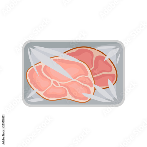 Fresh pork meat packaging, food plastic tray container with transparent cellophane cover vector Illustration on a white background