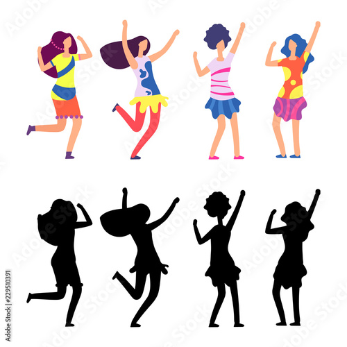 Happy women in bright clothes. Parade or hippie female cartoon character. Vector illustration