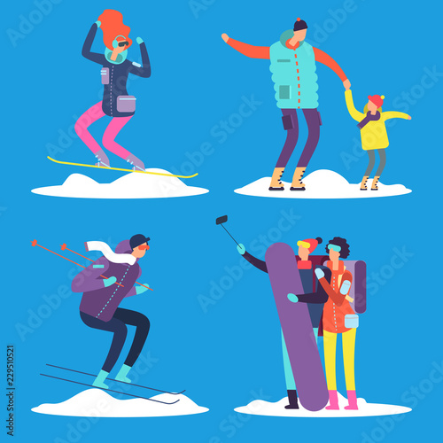 People, adult and kids snowboarding and skiing outdoor. Vector illustration isolated on blue