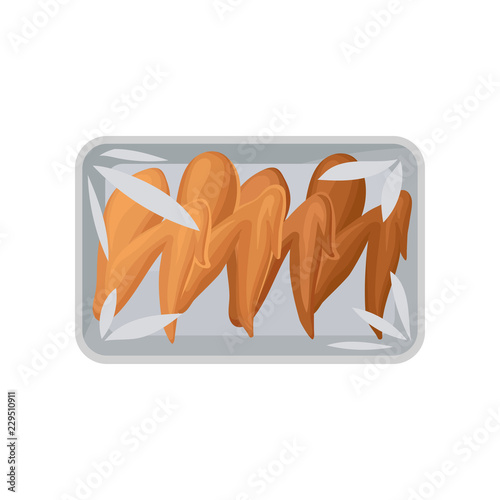 Chicken wings packaging, food plastic tray container with transparent cellophane cover vector Illustration on a white background
