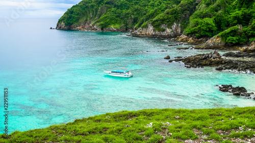 Aerial view  beautiful tropical white sand beach and snorkel point at Cockburn Island, Andaman sea, Ranong, Myanmar. photo