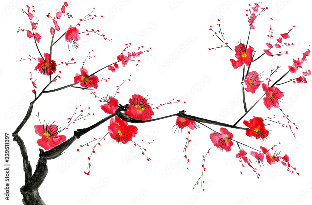 Fototapeta premium A branch of a blossoming tree. Pink and red stylized flowers of plum mei, wild apricots and sakura . Watercolor and ink illustration in style sumi-e, u-sin. Oriental traditional painting.