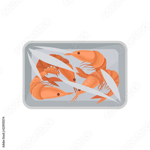 Fresh raw shrimps packaging, food plastic tray container with transparent cellophane cover vector Illustration on a white background