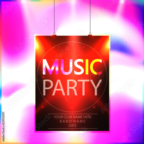 Music party poster, party flyer template vector illustration. Music party promotional banner with lights and reflectors